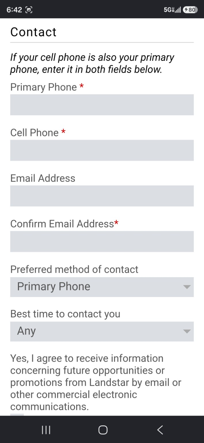 Landstar application contact information screen