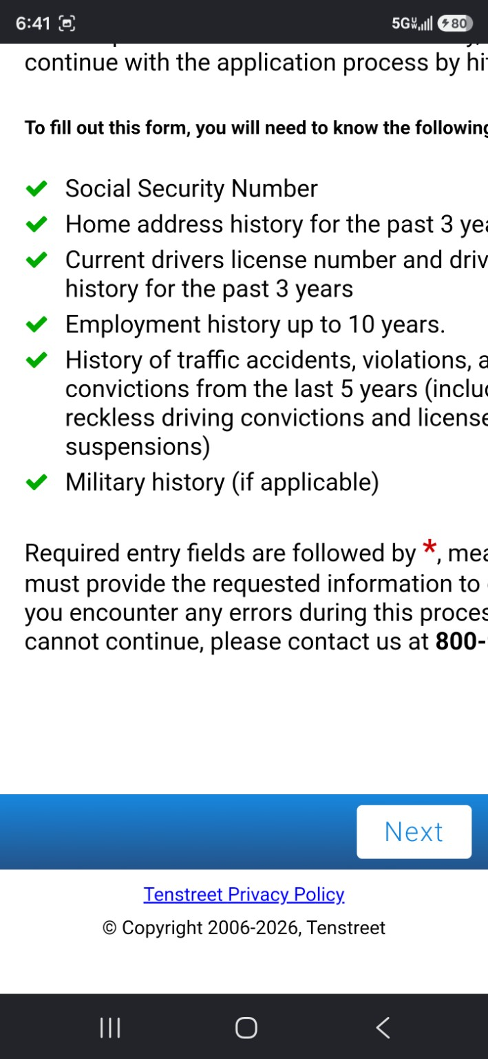 Landstar application first page with Next button and Tenstreet privacy link