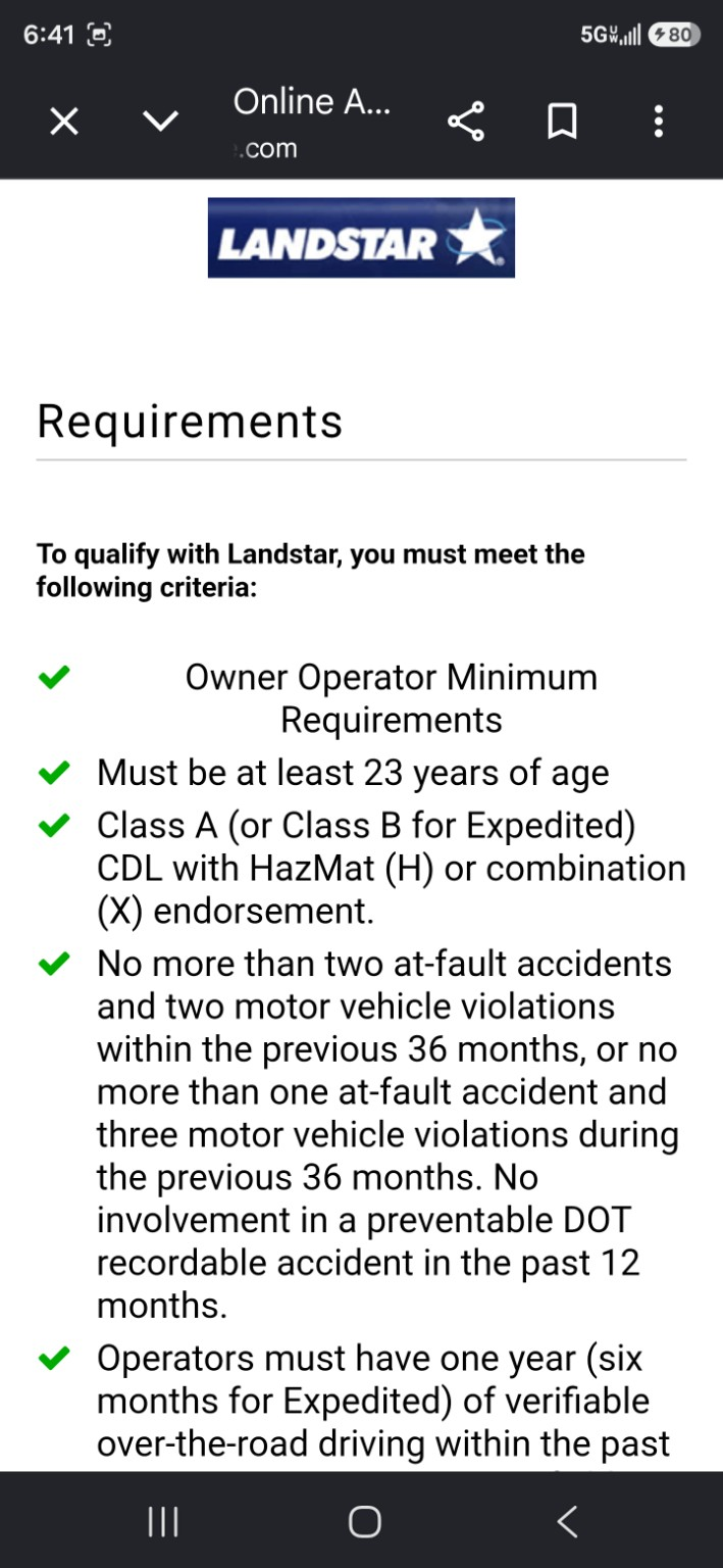 Landstar application minimum requirements screen